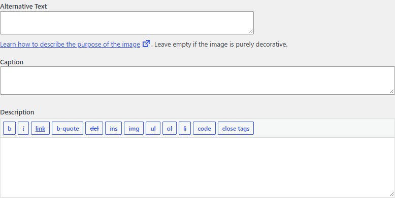 WordPress media editing fields labeled Alternative Text, Caption, and Description. The Alternative Text guidance says to leave it empty for a purely decorative image.