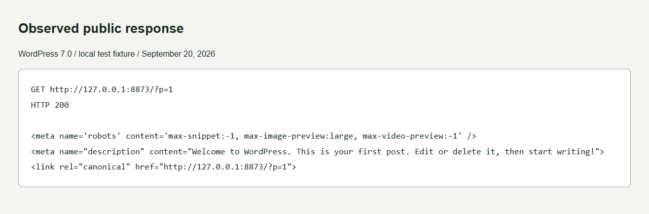 A response viewer showing HTTP 200, robots and description meta tags, and a canonical URL pointing to the local test post.
